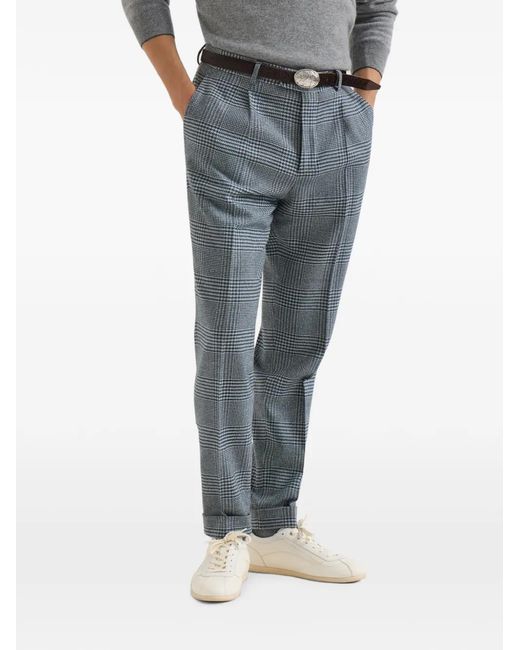 Brunello Cucinelli Blue Comfort Wool And Cashmere Prince Of Wales Flannel Trousers With Pleat for men