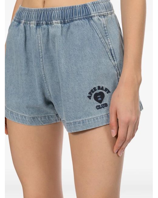 AAPE BY A BATHING AP Blue Heart Logo Embroidered Denim Short