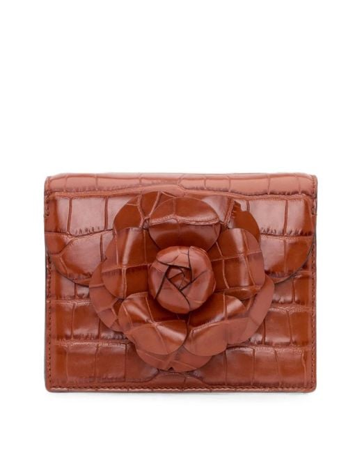 Oscar de la Renta Brown Mini Tro Crocodile-Effect Floral-Appliqué Cutch Bag