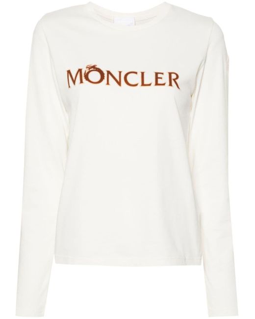Moncler White Flocked-logo Long-sleeve T-shirt