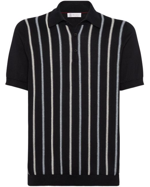 Brunello Cucinelli Black Stripe-jacquard Polo Shirt for men