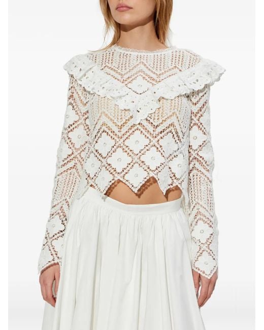 Self-Portrait White Guipure-Lace Ruffled Top