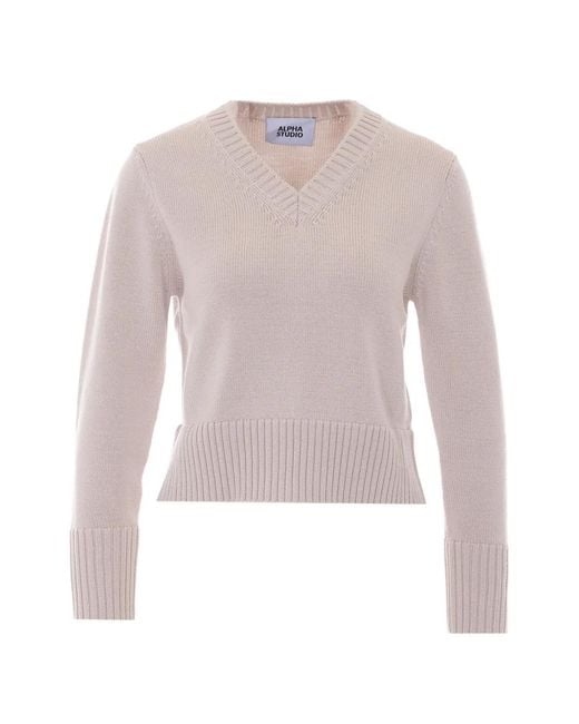 Alpha Studio White V-Neck Sweater