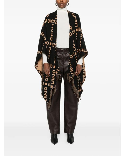 Liu Jo Black Logo-Pattern Fringed Cape