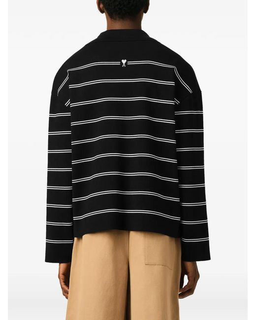AMI Black Cotton Ami Patch Striped Polo