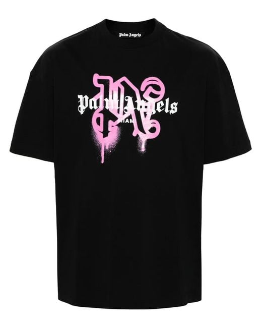 Palm Angels Black Miami Monogram Spray-Print T-Shirt for men
