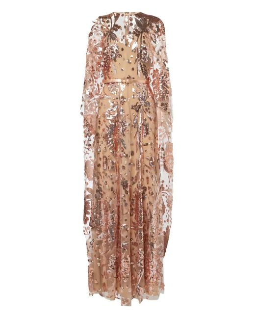 Elie Saab Natural Sequined Embroidered Tulle Gown