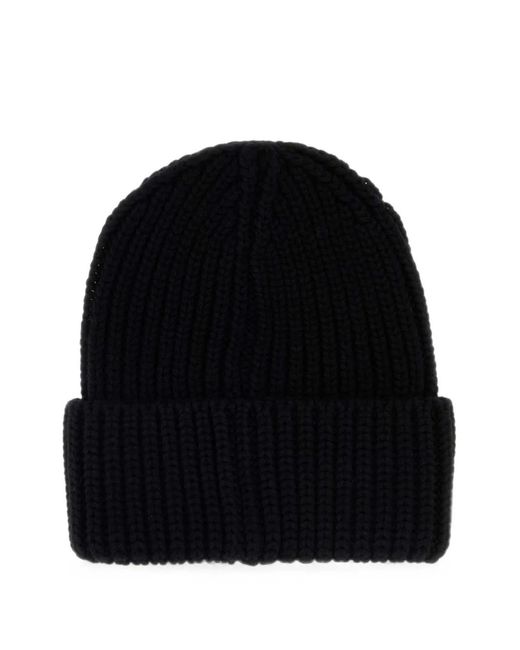 Saint Laurent Black Ribbed-Knit Logo-Patch Beanie Hat for men