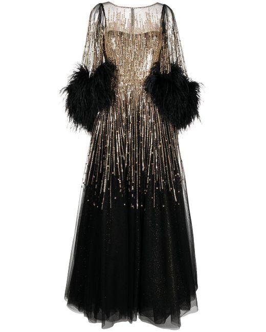 Jenny Packham Black Lilian Feather-detail Sequin Gown