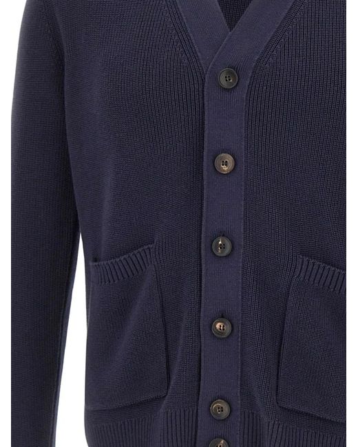 FILIPPO DE LAURENTIIS Blue V-Neck Ribbed-Trim Cardigan for men