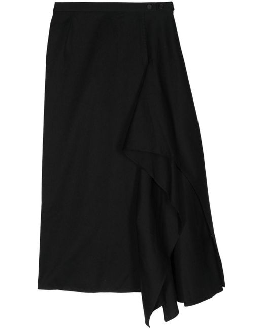 Yohji Yamamoto Black Draped Cotton Midi Skirt