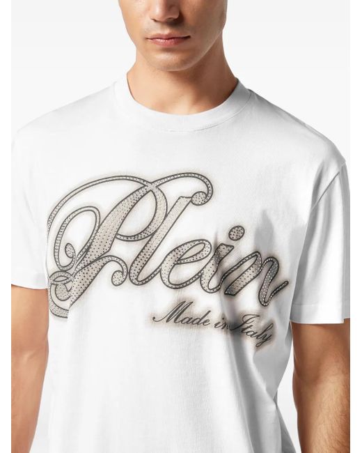 Philipp Plein White T-Shirt En Coton À Ornements Strassés for men