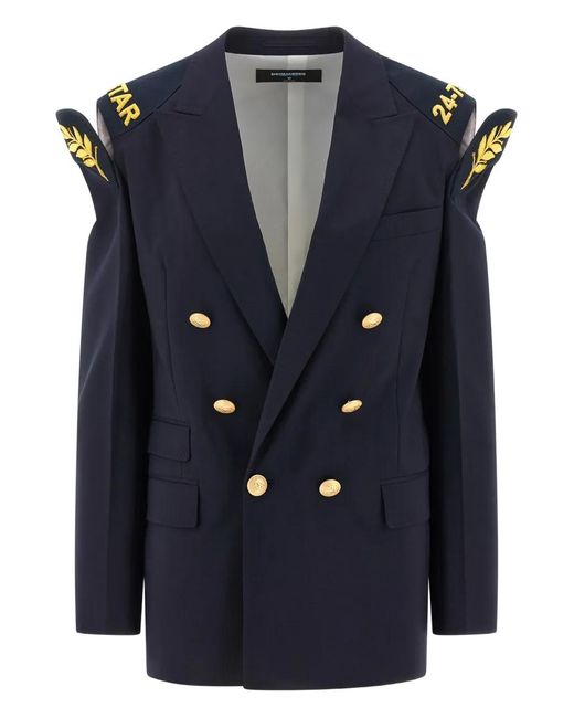 DSquared² Blue Double-Breasted Wool Blazer With Embroidered Hard Shoulders for men