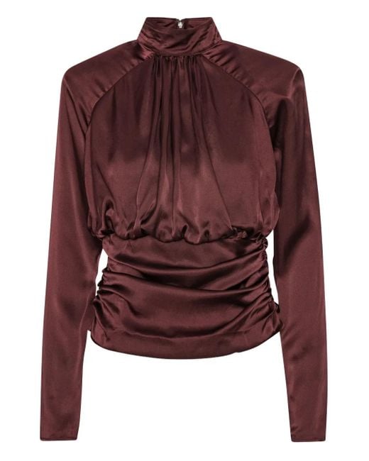 ROTATE BIRGER CHRISTENSEN Red Ruched Mock-Neck Top