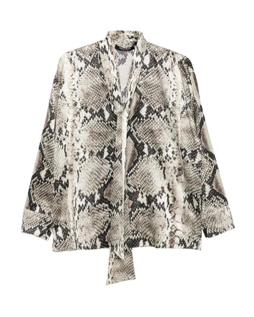 Roberto Cavalli Natural Snakeskin-Print Tie-Neck Blouse