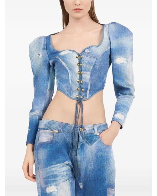 Roberto Cavalli Blue Patchwork-Effect Corset Top