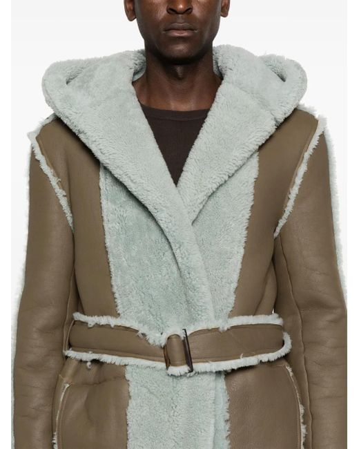 Rick Owens Gray Belted Lambskin Shearling Coat for men
