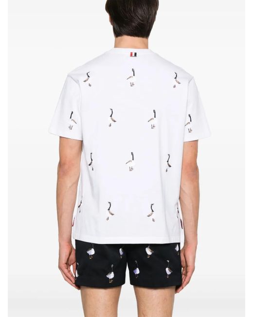 Thom Browne White Cotton Embroidered Geese T-Shirt for men