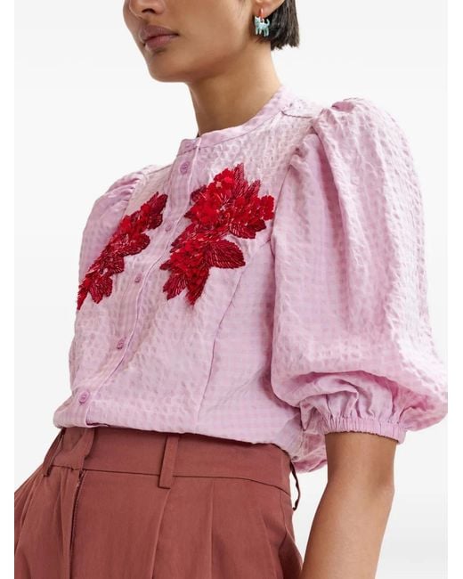 Essentiel Antwerp Pink Floral-Pattern Puffed-Sleeve Shirt