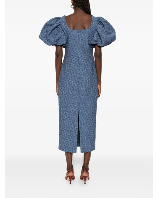 Max Mara Blue Floral-Jacquard Puff-Sleeve Dress