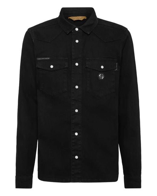 Philipp Plein Black Logo-Plaque Denim Shirt for men