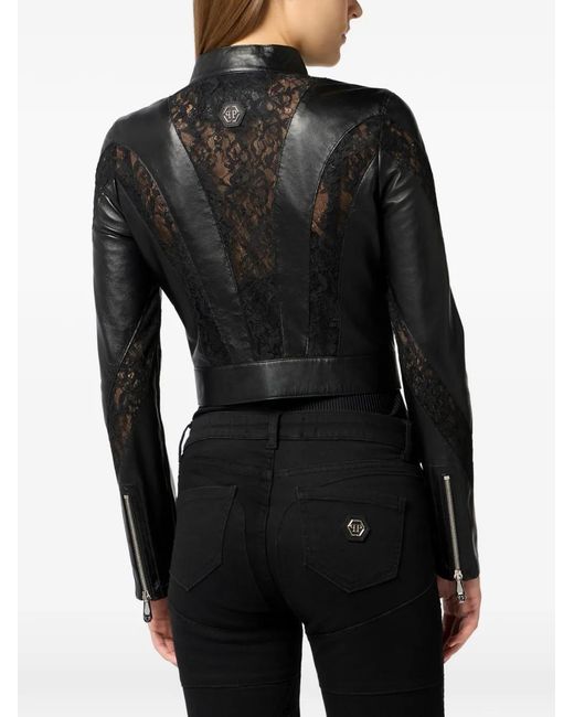 Philipp Plein Black Fitted Biker Jacket With Lace Inserts