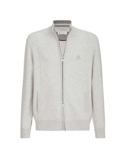 Brunello Cucinelli White Cashmere Double Knit Cardigan With Zipper And Logo for men