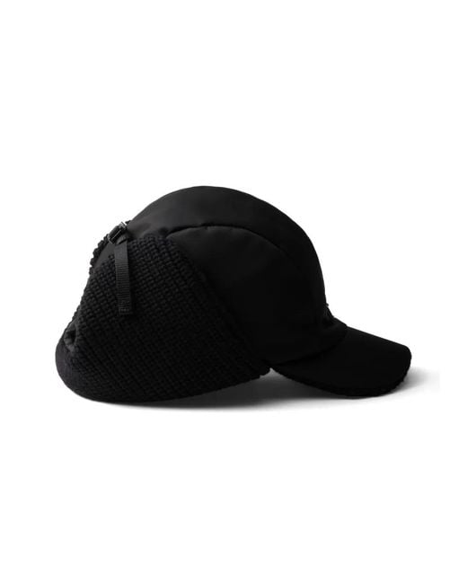 Prada Black Re-Rylon And Wool Trapper Hat for men
