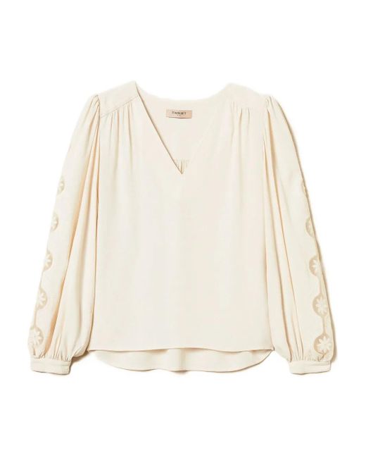 Twinset Natural Bestickte Bluse Mit Puffärmeln