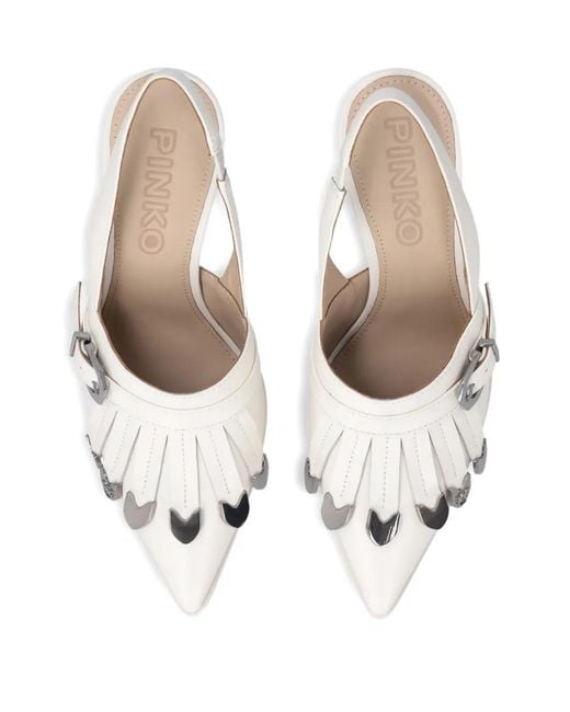 Pinko White Slingback Fringed-Detail Pumps