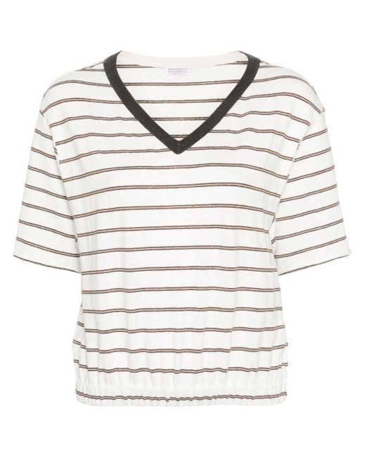 Brunello Cucinelli Gray Striped V-neck T-shirt