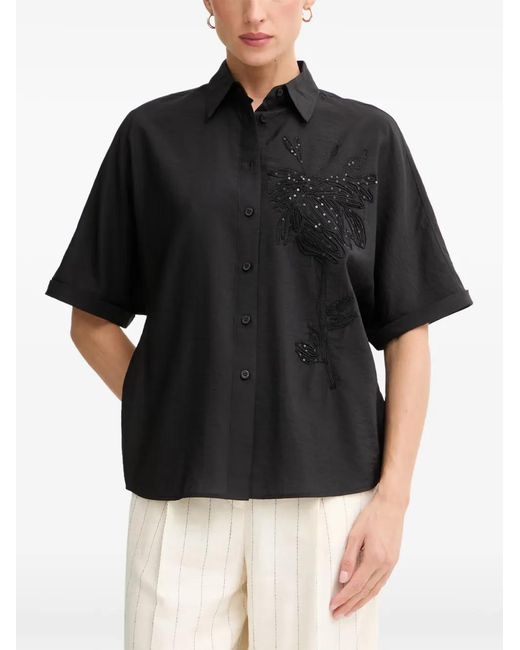 MARC AUREL Black Sequin-Embellished Floral-Patch Shirt