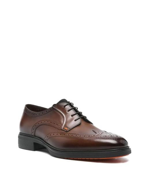 Santoni Brown Brogue-Detail Leather Derby Shoes for men