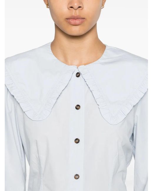 Ganni Blue Frill Collar Organic Cotton Shirt