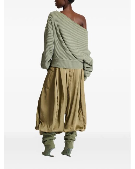 Balmain Green Asymmetric-Neck Ribbed-Knit Sweater