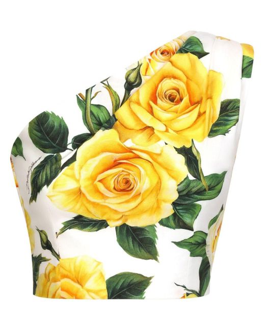 One-shoulder cotton crop top with yellow rose print Dolce & Gabbana