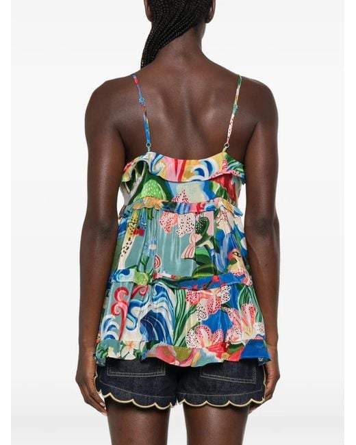 Farm Rio White Ruffled Floral-Print Top