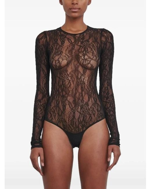 Wardrobe NYC Brown Lace Long-Sleeve Bodysuit