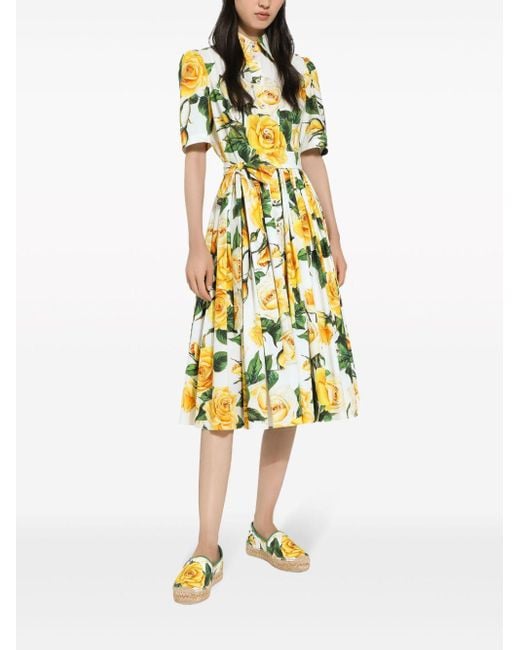 Dolce & Gabbana Yellow Hemdblusenkleid Aus Baumwolle Gelbe-Rosen-Print