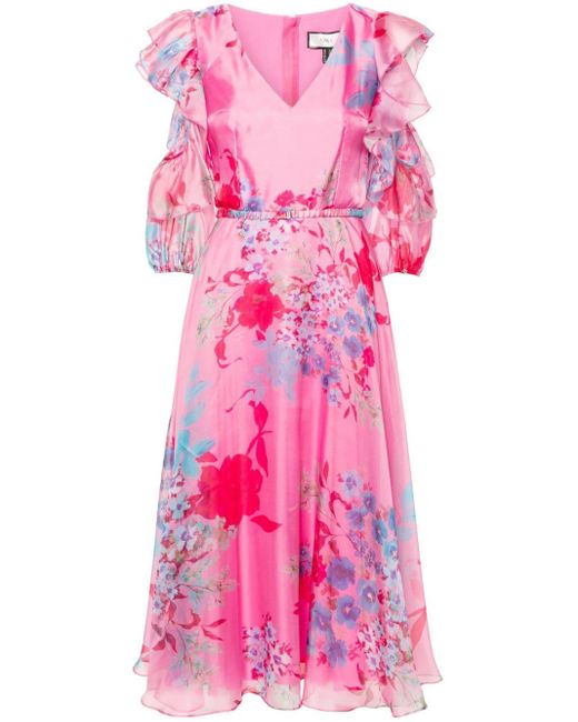 Nissa Pink Floral-print Satin Midi Dress