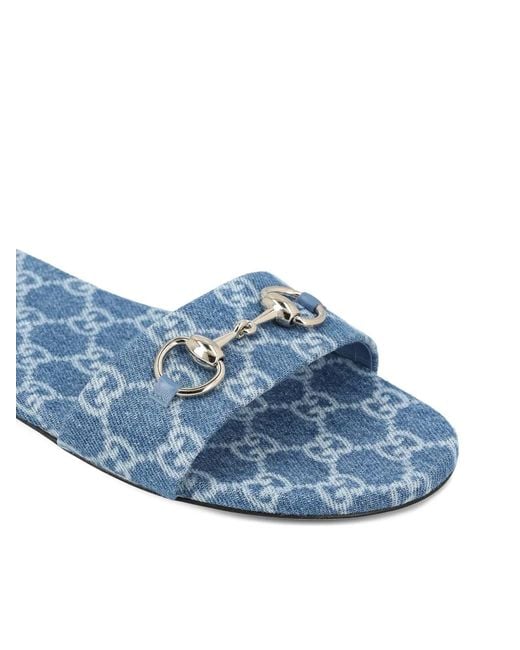 Gucci Blue Horsebit Gg-Pattern Flat Sandals