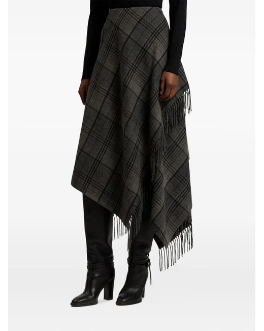 Ralph Lauren Gray Fringed Plaid Wrap Midi Skirt