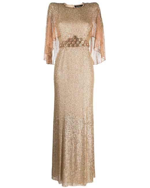 Jenny Packham Natural Embellished Cape-shoulder Hedy Gown