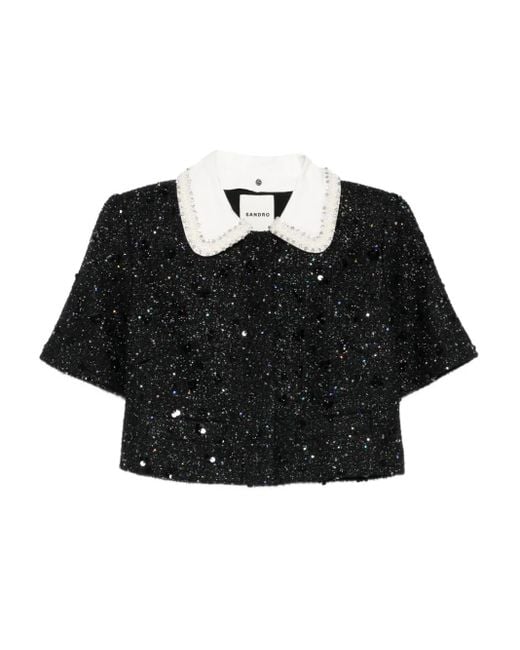 Sandro Black Sequin-Embellished Cropped Jacket