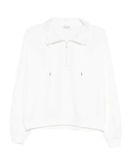 Brunello Cucinelli White Zip-Collar Sweatshirt