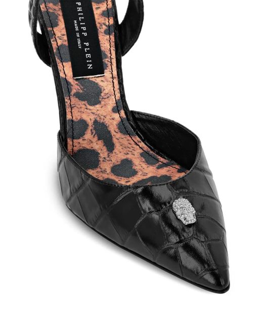 Philipp Plein Black Crocodile Effect Slingback Pumps