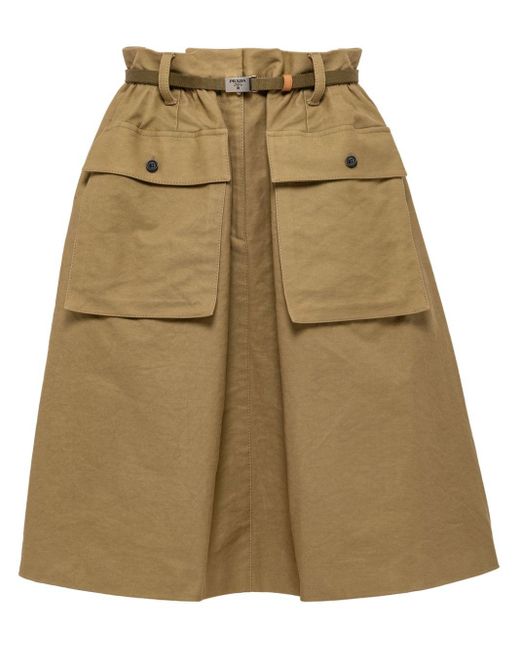 Prada Natural Belted Cotton Midi Skirt