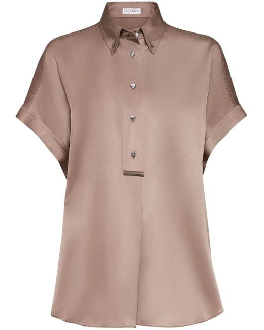 Brunello Cucinelli Natural Monili-Embellished Silk Shirt