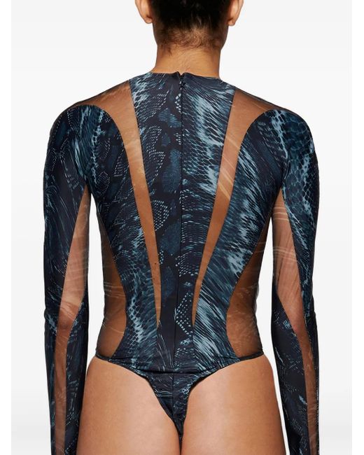 Mugler Black Snake-Print Mesh Bodysuit