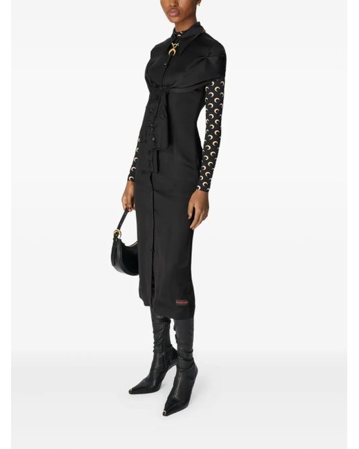 MARINE SERRE Black Satin Wrapped Shirt Midi Dress
